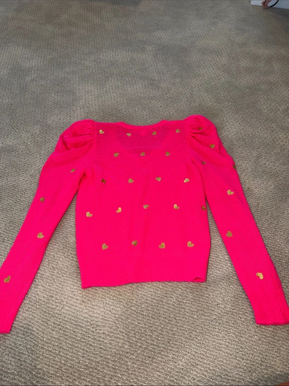 Lilly Pulitzer Hot Pink V-Neck Sweater with Gold Heart Accents
